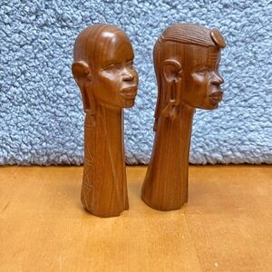 African Art Carved Hard Wood Head Neck Sculpture  5.5" Male Female Figures Musa
